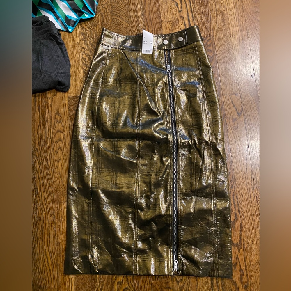 Urban Outfitters Metallic Olive Plaid Pencil Skirt